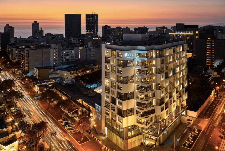 Exterior view of Aloft Lima Miraflores hotel with modern design.