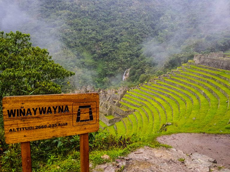 View of the Inca ruins of Wiñay Wayna along the Inca Trail.