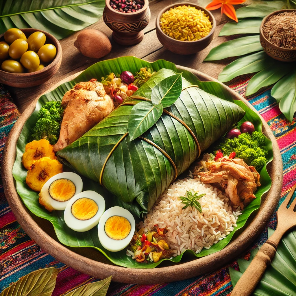 A beautifully served traditional Peruvian Amazon dish called 'Juane.' It features a large, neatly wrapped green leaf (typically bijao) containing rice