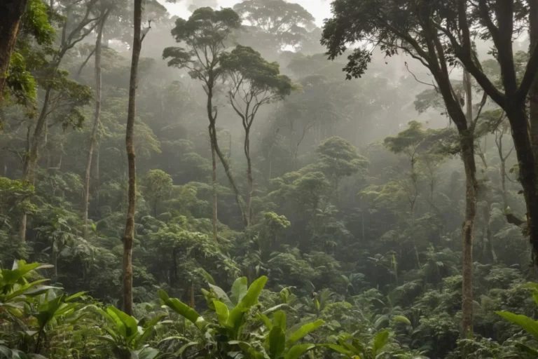 Foggy rainforest with tall trees and dense green foliage.