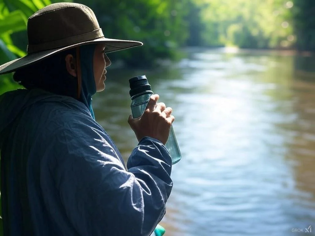 Traveler in the Amazon rainforest wearing protective clothing, holding a reusable water bottle, and exploring lush green foliage safely.