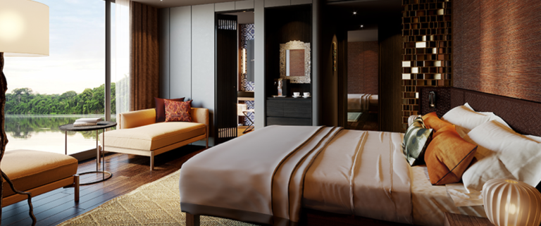Luxury suite aboard the Aqua Nera Amazon cruise, featuring elegant décor, a king-size bed, and panoramic views of the Amazon River. High-end accommodations for an exclusive river expedition in Peru.