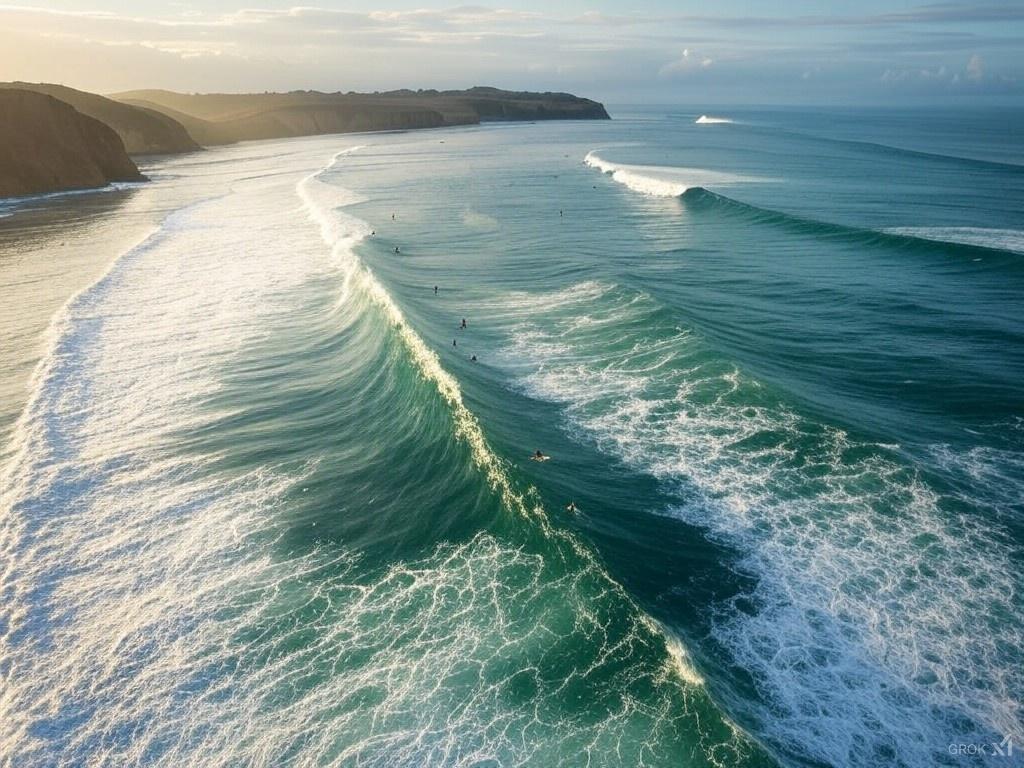 An aerial view of Chicama, Peru, showcasing the world’s longest left-hand wave. Surfers ride smooth, endless waves along the coastline, surrounded by cliffs and a vast ocean. 