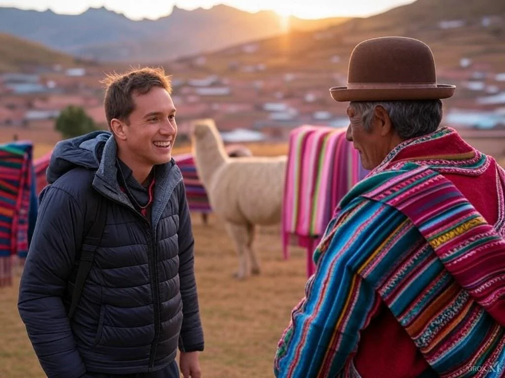 A traveler engaging respectfully with locals in an Andean village, surrounded by traditional clothing, vibrant textiles, and llamas.