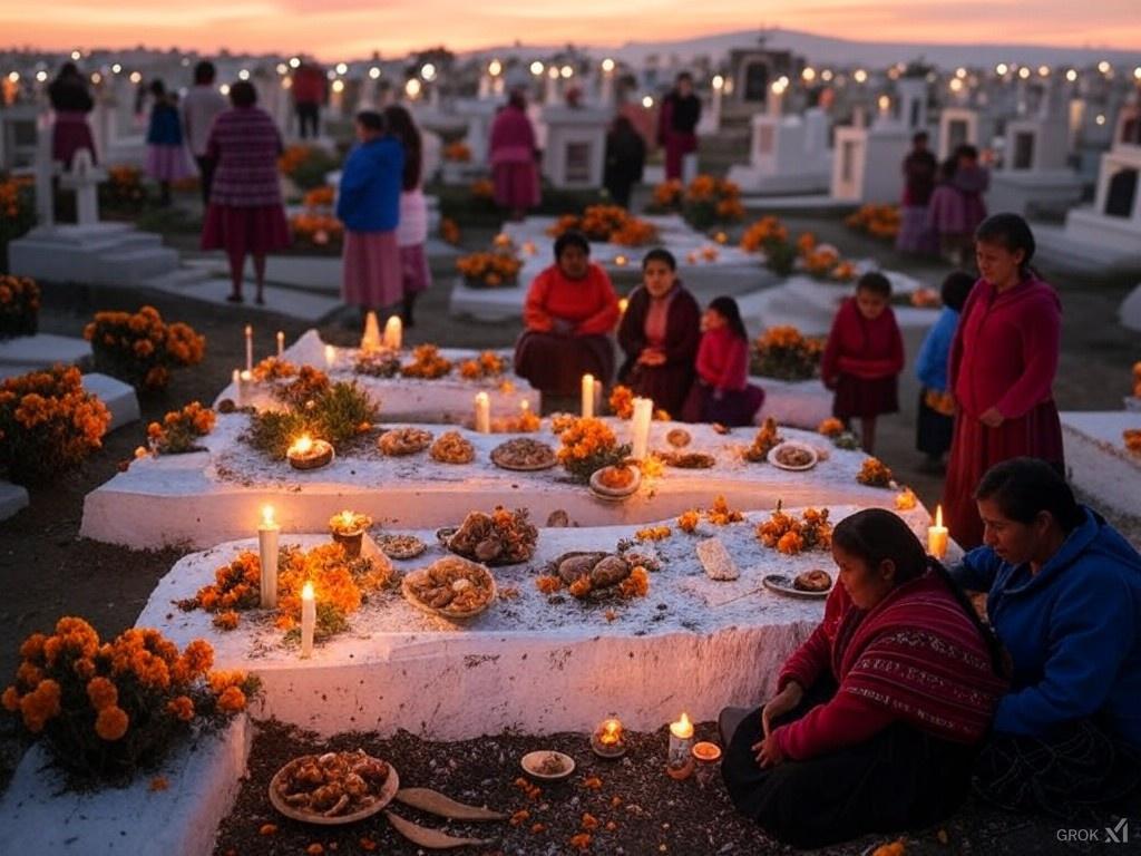 A Peruvian cemetery during All Saints' Day, with graves decorated with candles, marigold flowers, and traditional offerings. Families gather in a festive atmosphere to honor their loved ones. 