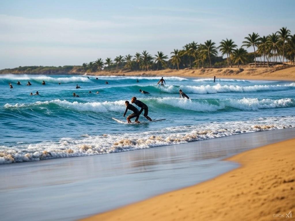  A vibrant coastal scene of Máncora, Peru, with surfers catching waves under a sunny sky. The beach features golden sand, blue waters, and palm trees, creating a warm and inviting atmosphere. 