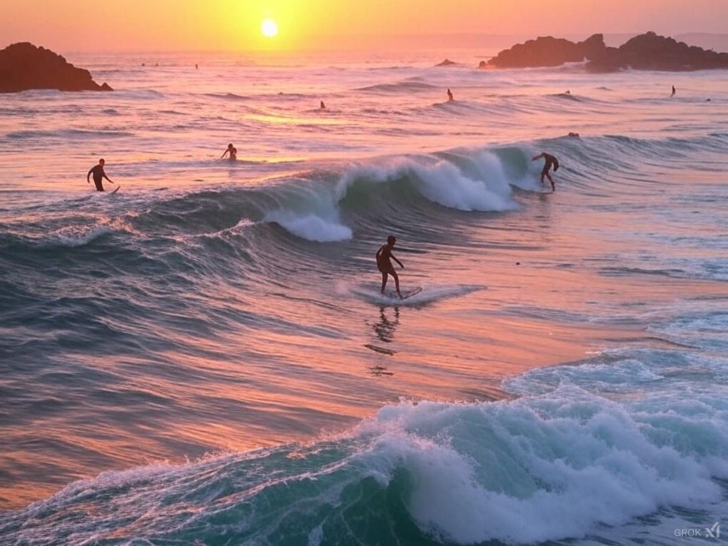 Surfers in Punta Hermosa, Peru, riding powerful waves during sunrise. The reef break creates strong, tubular waves, set against rocky terrain and the serene light of dawn. 