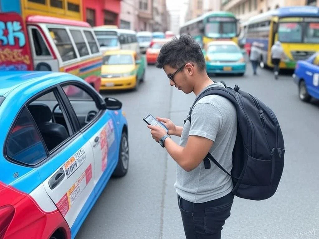 A busy street in Peru with colorful buses, taxis, and a tourist using a rideshare app, showcasing safe transportation options for travelers.