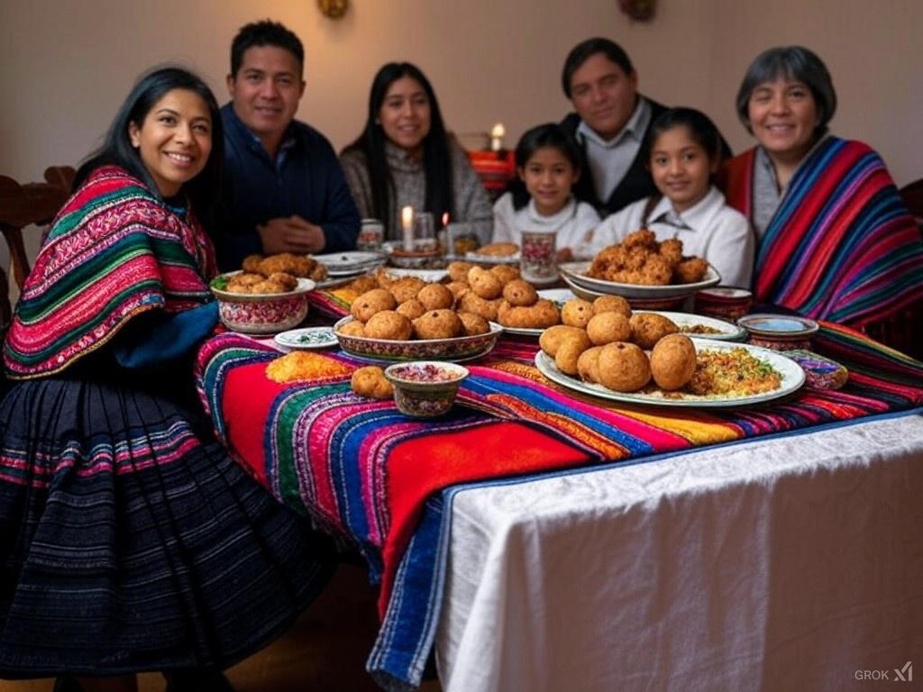 A traditional Peruvian table set for All Saints' Day, featuring Tanta Wawas and roasted pork. A family enjoys the meal surrounded by colorful Andean decorations. 